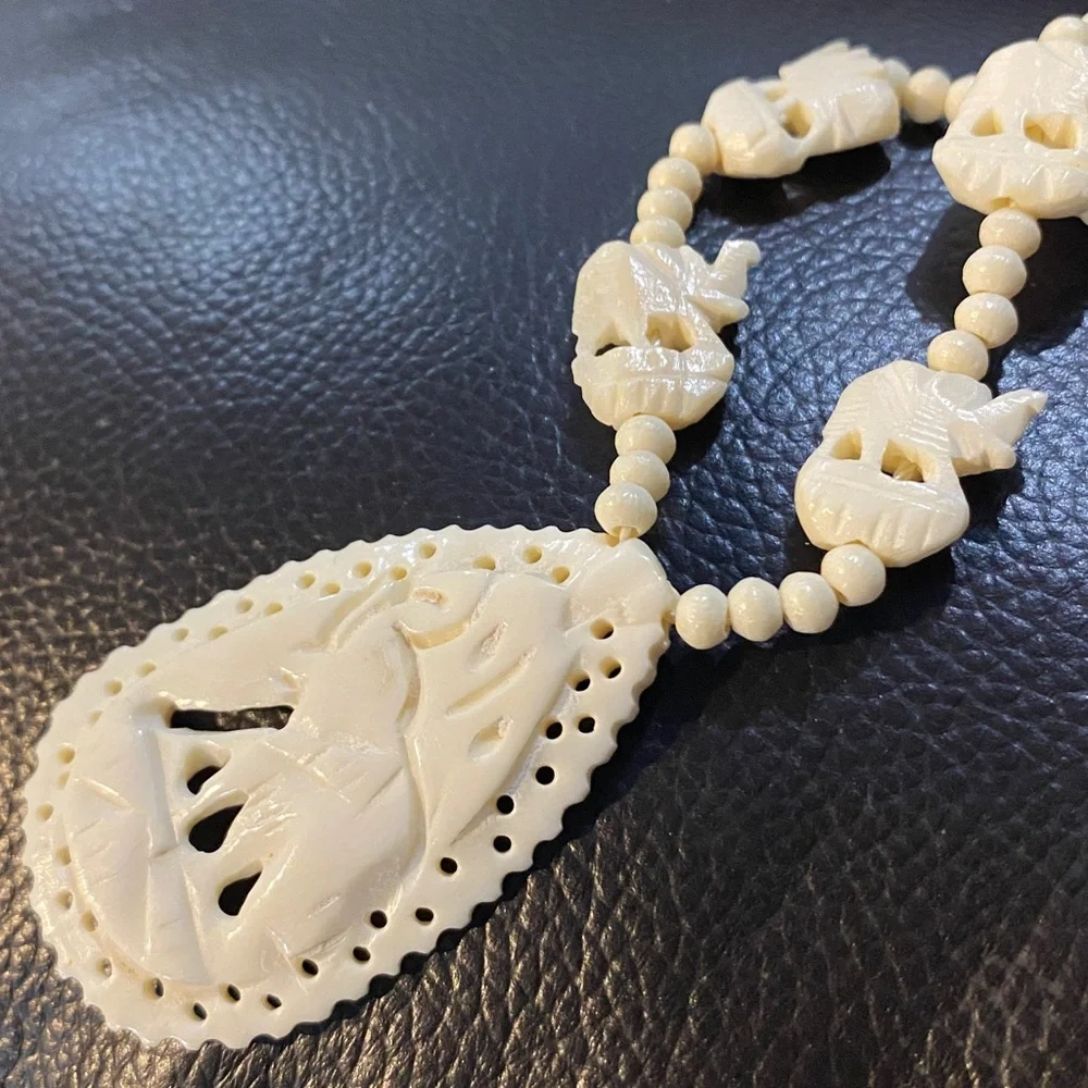 Vintage Carved Bone Pendant Off White Beaded Necklace Elephant Design Good Luck
